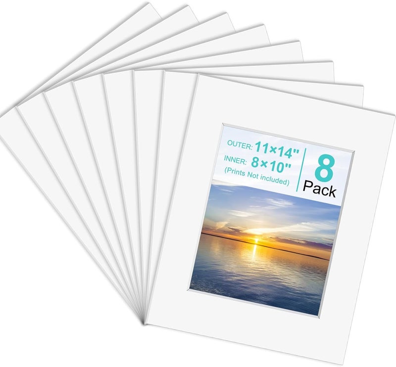 Phinus Store 8 Pack Picture Mats for Frames, Acid Free 11x14 Matted to 8x10, Picture Frame Mats for Pictures, Watercolor, Artwork and Prints (White) - Image 1